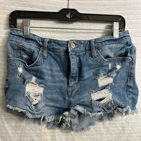 Mossimo Shorts Women's Distressed Denim High Rise Logo Blue Pre-Owned Size 8/29 - Picture 1 of 5